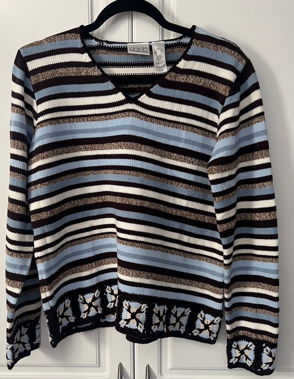 Vtg Liz Claiborne Villager Striped Sweater w/Granny Square Trim Size XL Petite